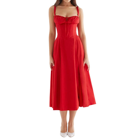 Red dress worn by a model on a white background