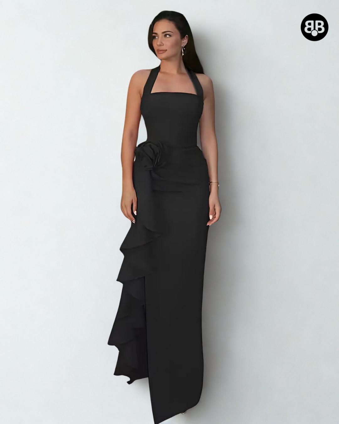 Black Floral Slit Haulter neck Long dress
