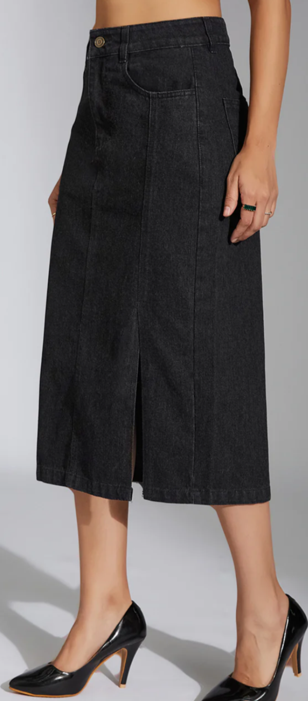 Black straight skirt worn by a person on a gray background