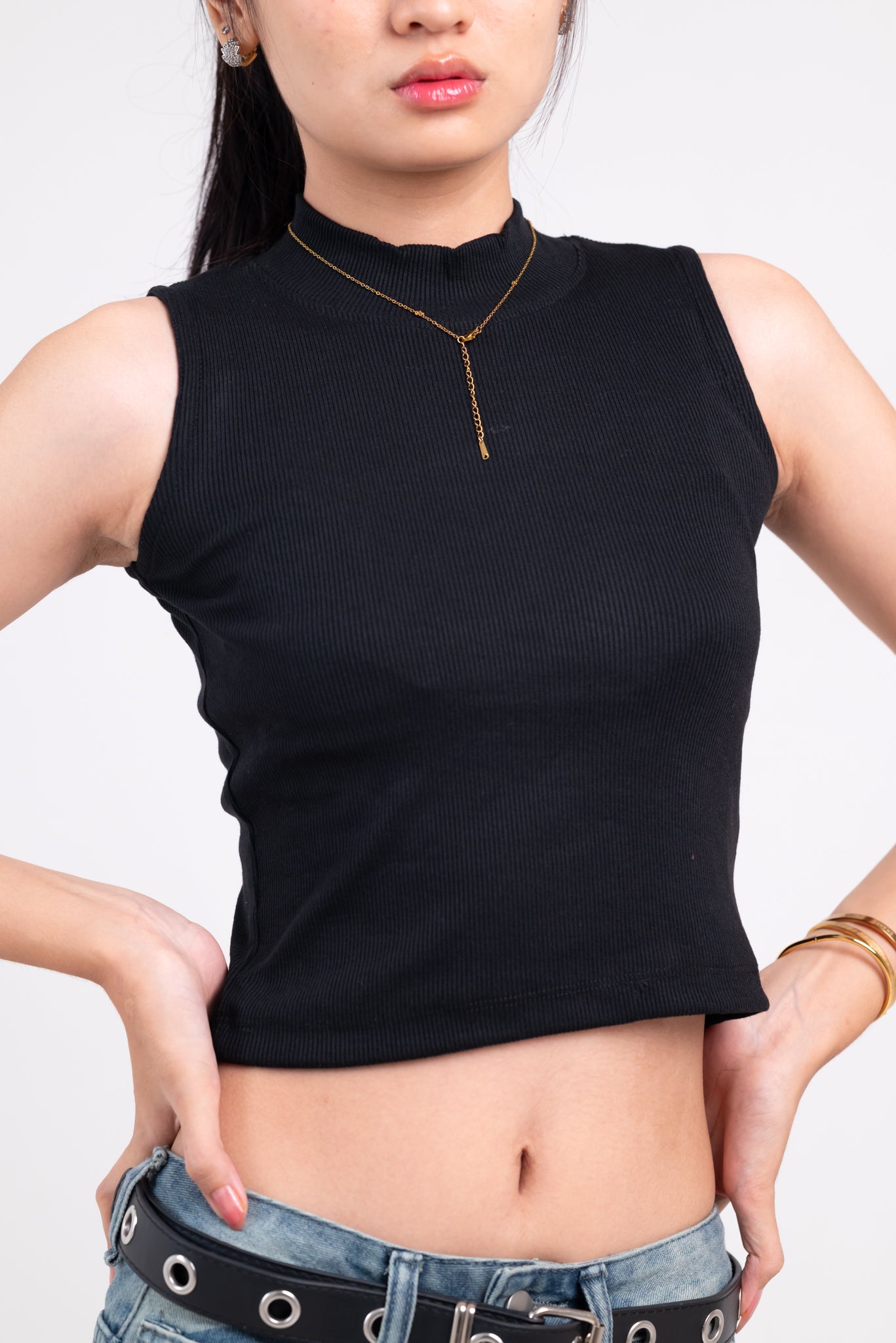 Black Ribbed High Neck Crop Top