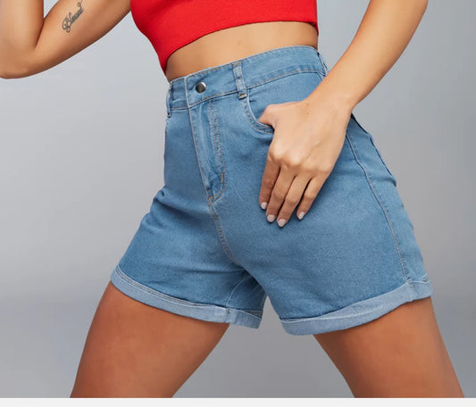 Blue Solid Relaxed Fit Denim Shorts