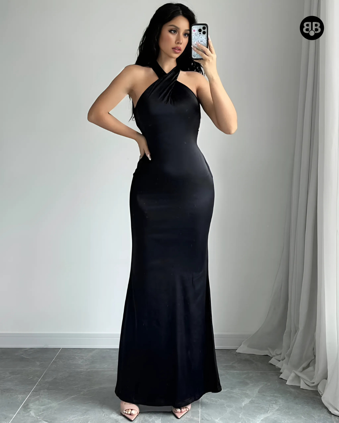 Halter Neck Backless Bodycon Long Dress Black
