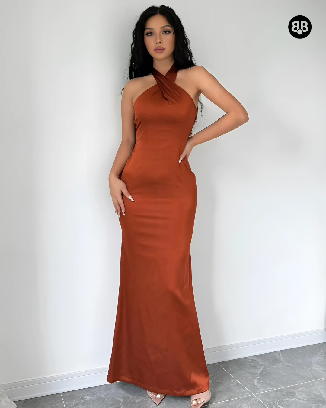 Halter Neck Backless Bodycon Long Dress Brown