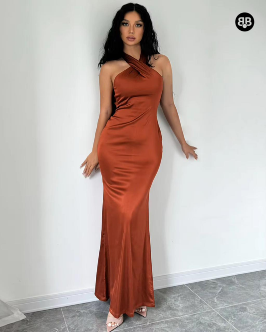 Halter Neck Backless Bodycon Long Dress Brown