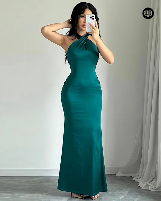 Halter Neck Backless Bodycon Long Dress Sea Green