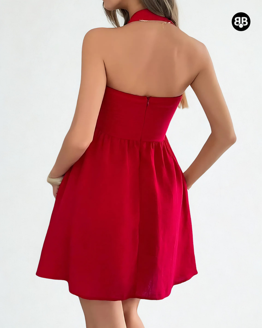 Halter Neck Backless Mini Dress Red