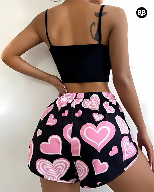 Heart Print Crop and Shorts Women Co-Ords