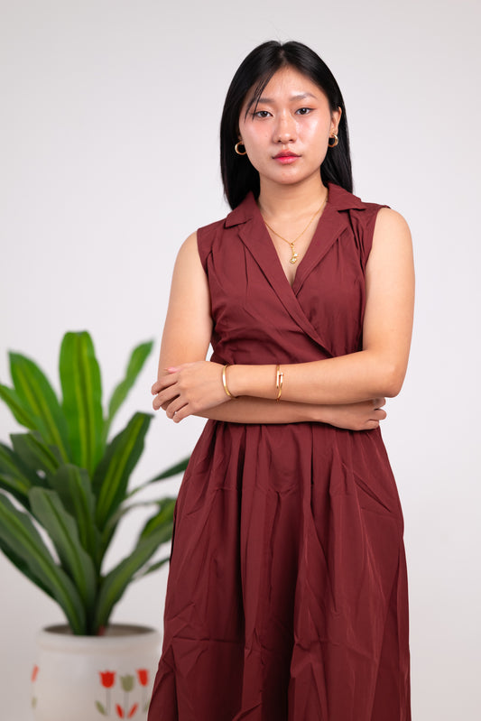 Lapel Collar Sleeveless Solid Dress Brown