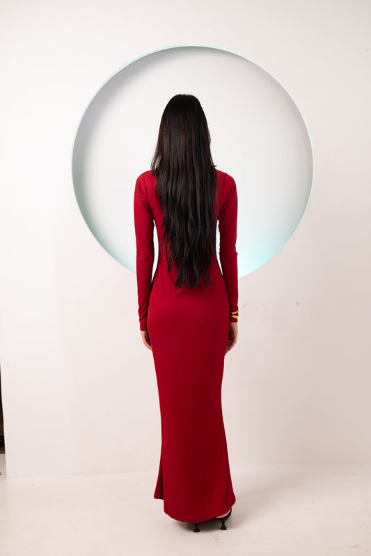 Long Women Partywear Full Sleeve Dress Red