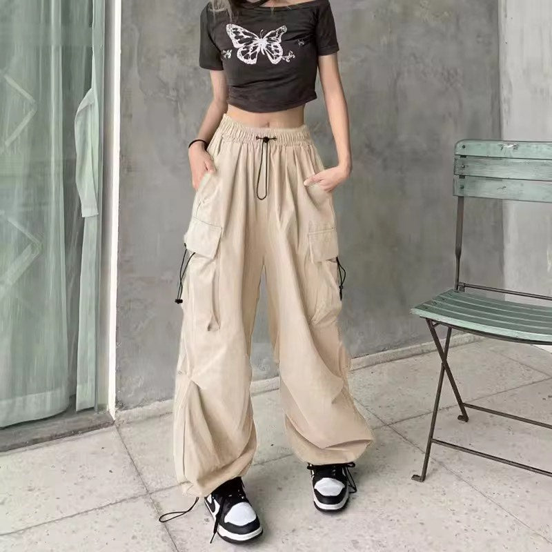 Mid Rise Drawstring Cargo Pants Beige