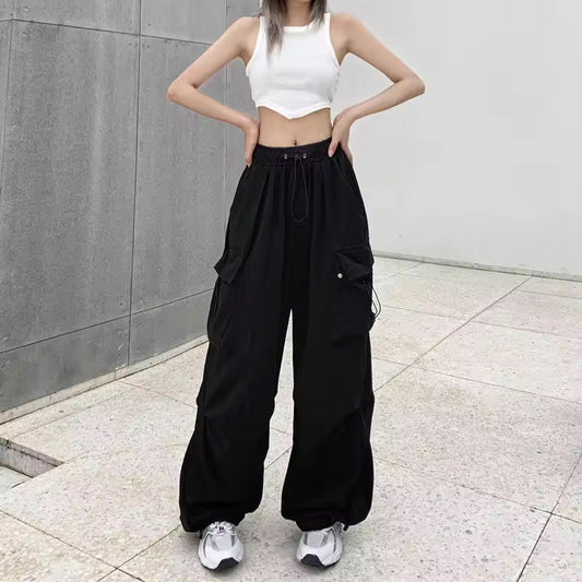 Mid Rise Drawstring Cargo Pants Black