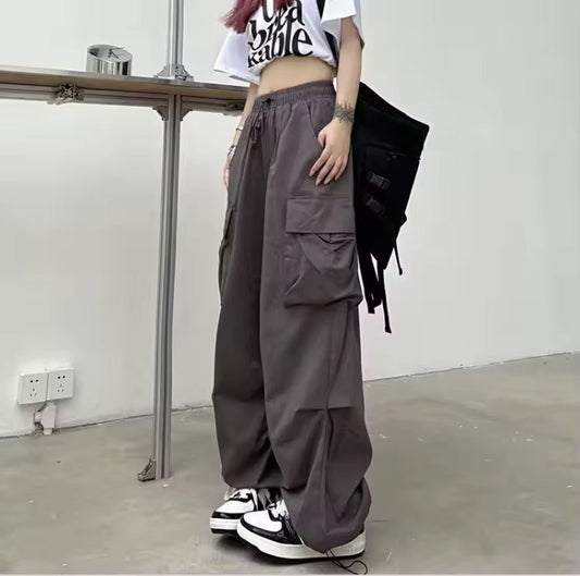Mid Rise Drawstring Cargo Pants Grey