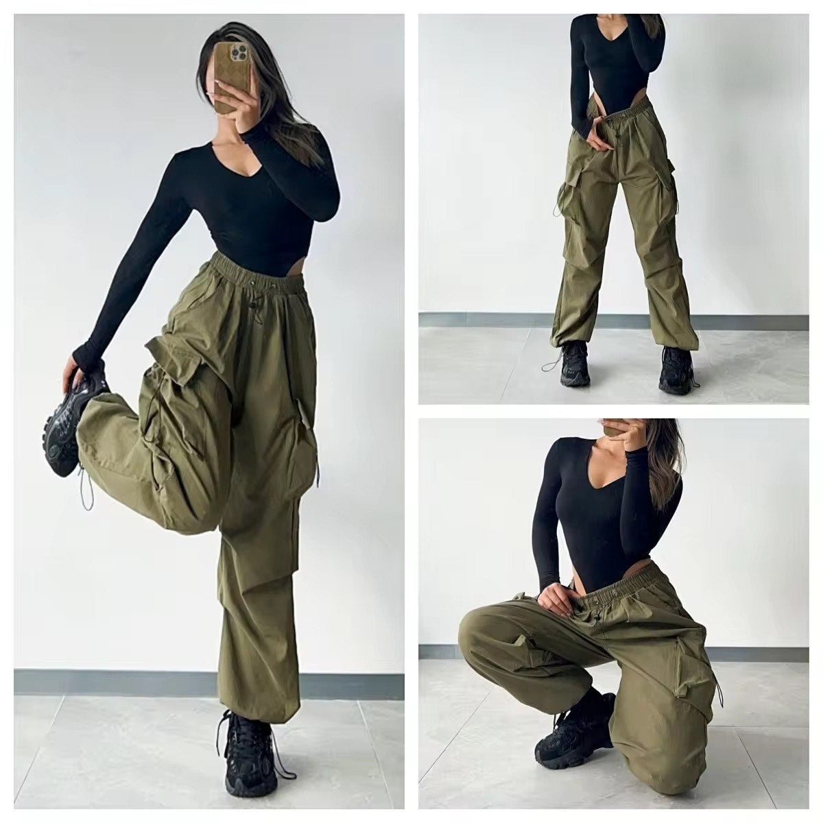 Mid Rise Drawstring Cargo Pants Olive