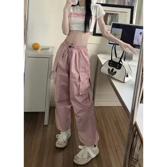 Mid Rise Drawstring Cargo Pants Pink