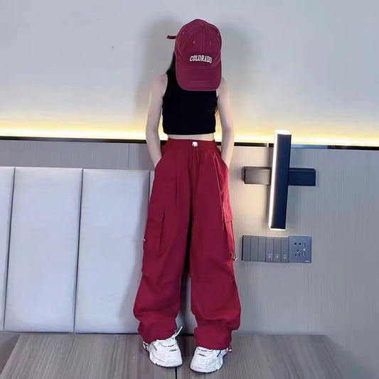 Mid Rise Drawstring Cargo Pants Red