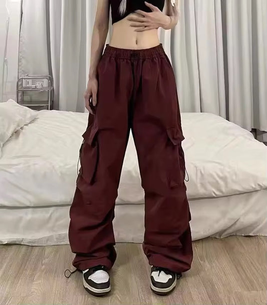 Mid Rise Drawstring Cargo Pants Wine Red