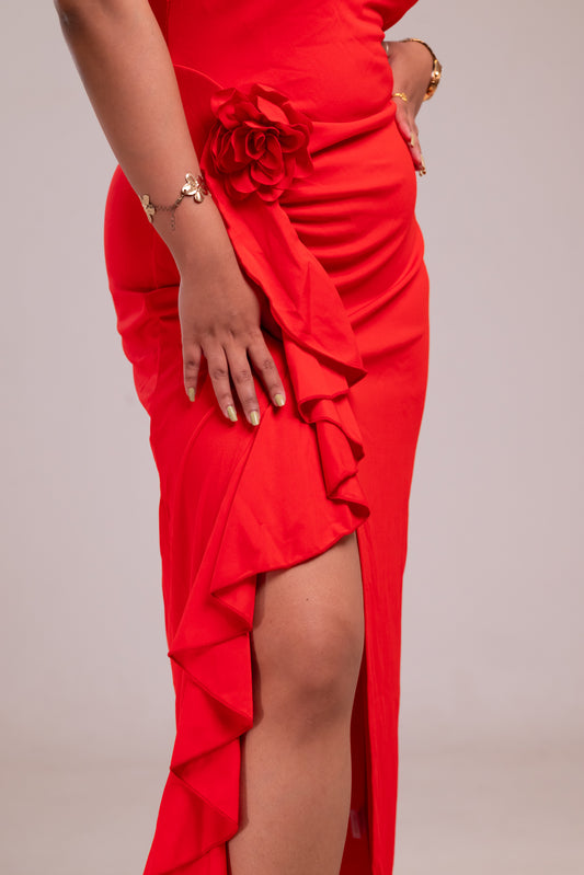 Red Flower Haulter Neck Slit Dress