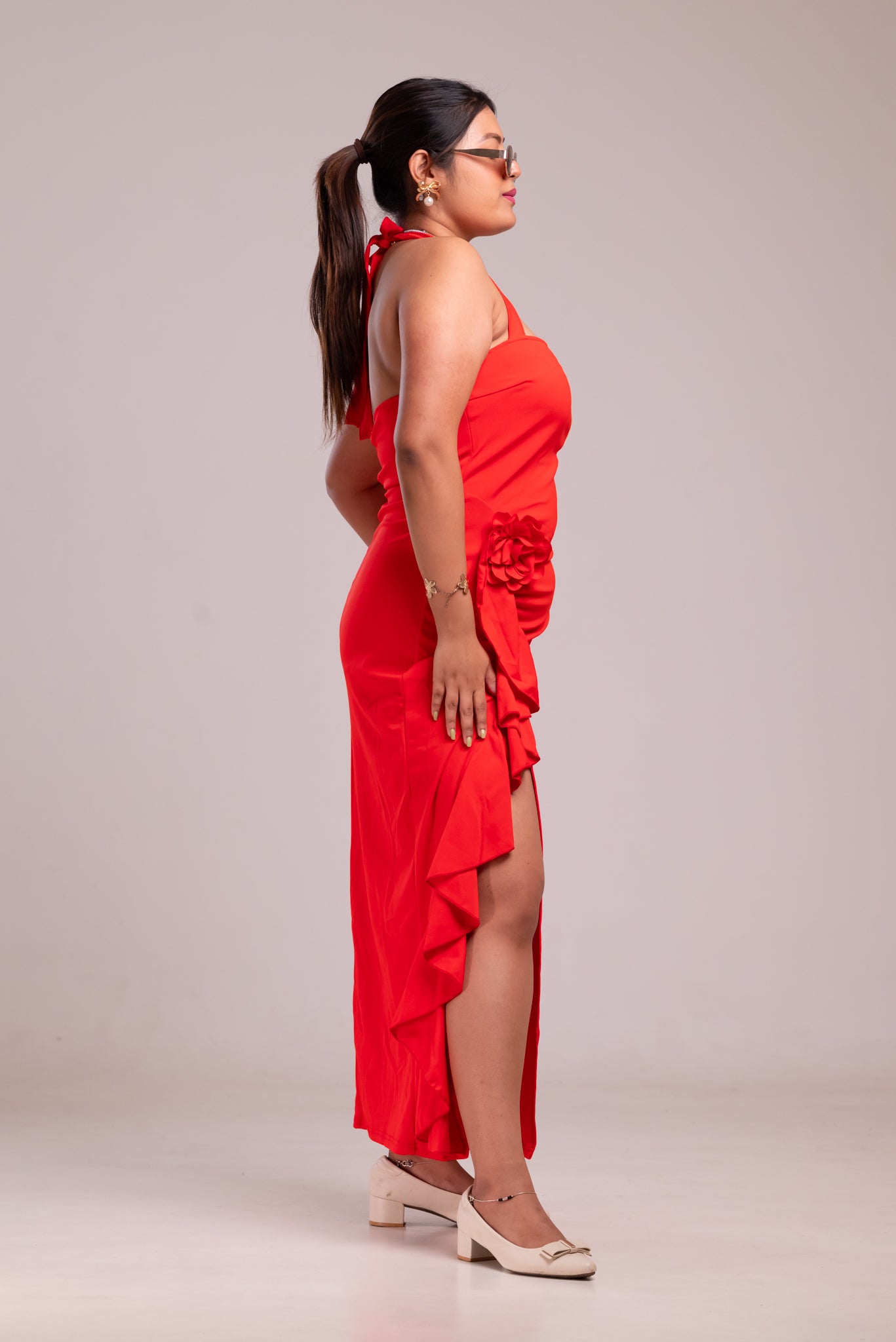 Red Flower Haulter Neck Slit Dress