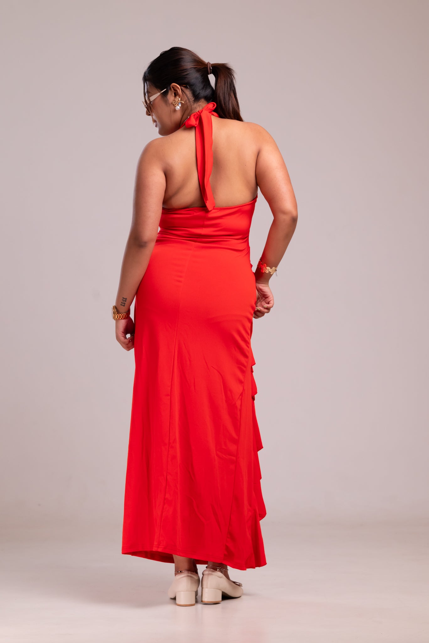 Red Flower Haulter Neck Slit Dress