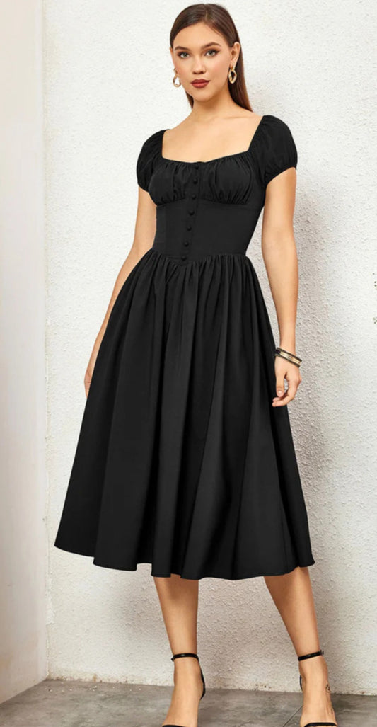 Solid Black Corset A-line Midi Dress