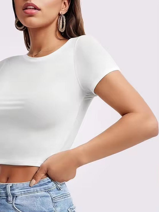 Solid Round Neck Short Sleeve Crop Top