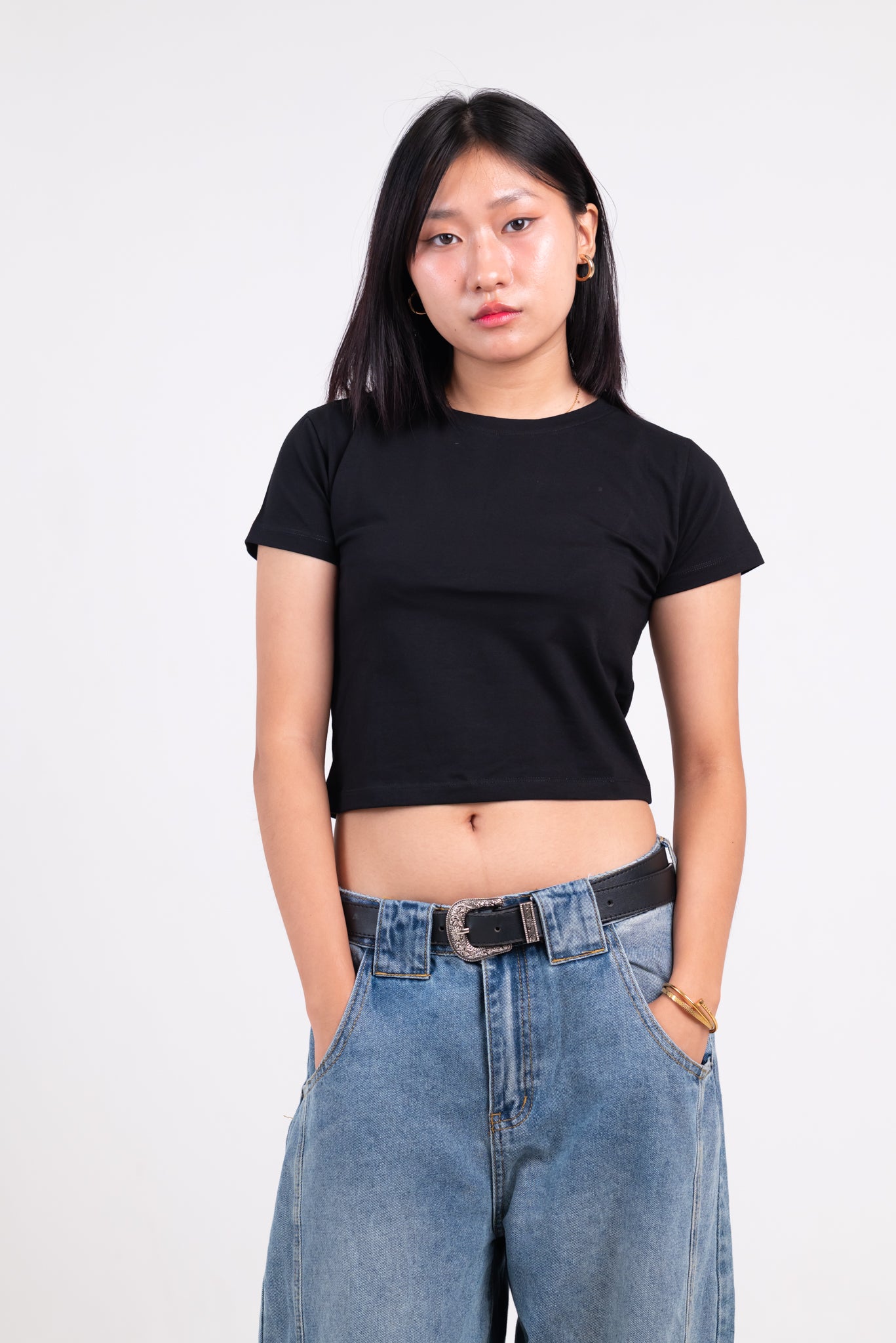 Solid Round Neck Short Sleeve Black Baby Tee