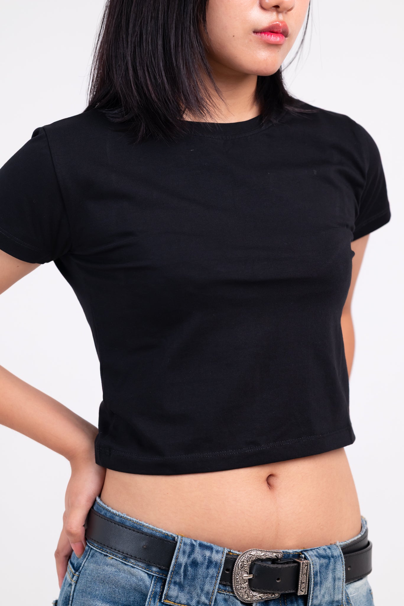 Solid Round Neck Short Sleeve Black Baby Tee