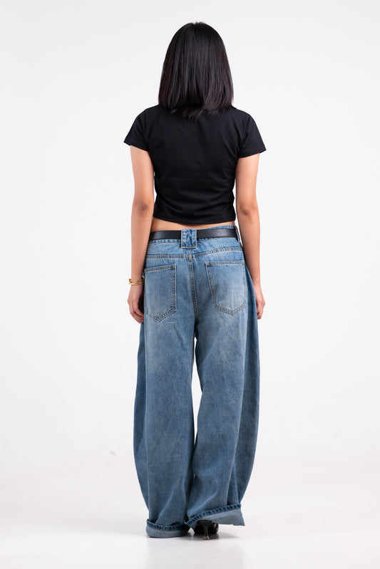 Solid Round Neck Short Sleeve Black Baby Tee