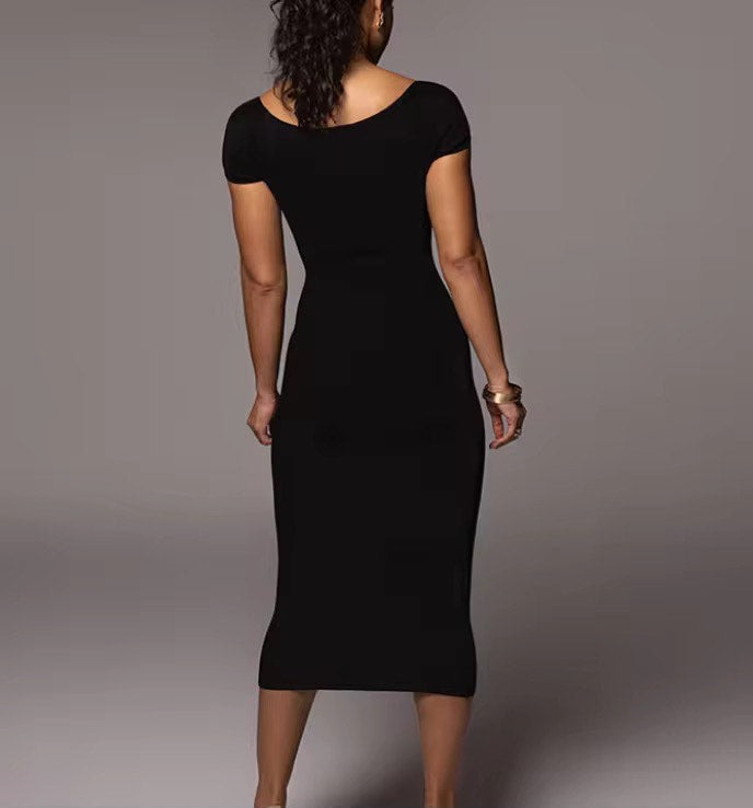 Sweetheart Neck Bodycon Ribbed Dress Black