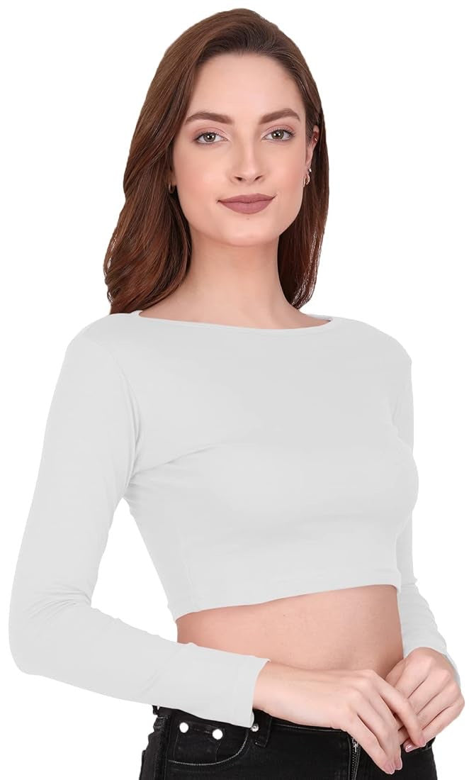 White Full Sleeve Solid Crop Top