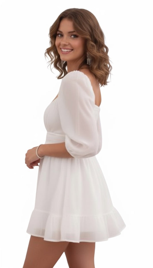 Woman wearing a white dress on a white background