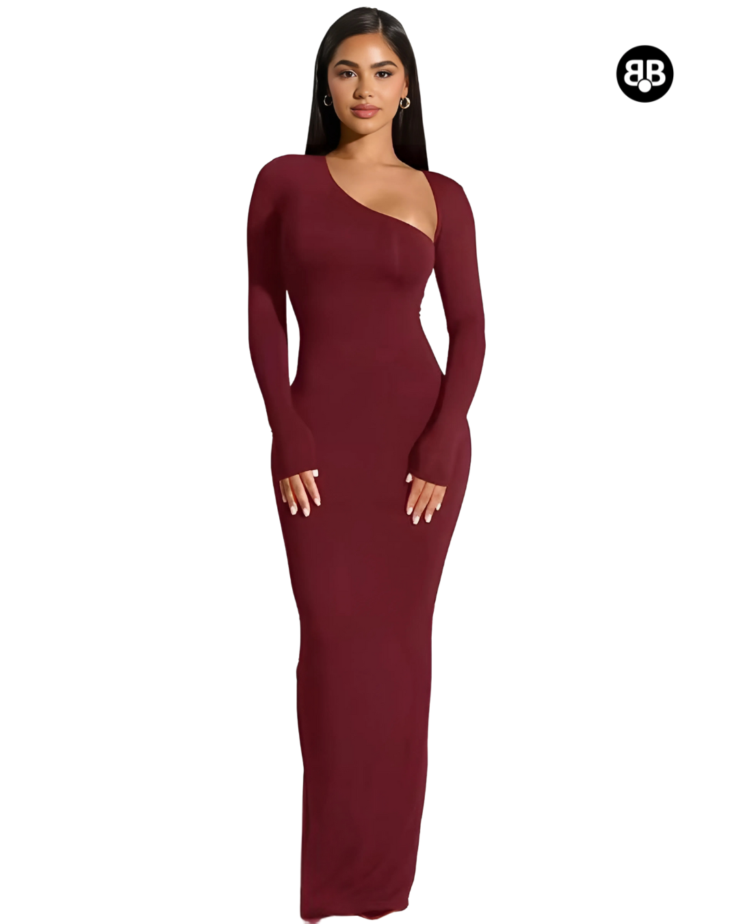 Maroon long-sleeve gown on a white background with a brand logo in the corner.
