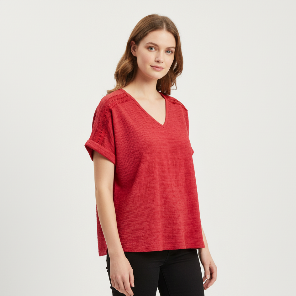 Woman wearing a red sweater on a white background