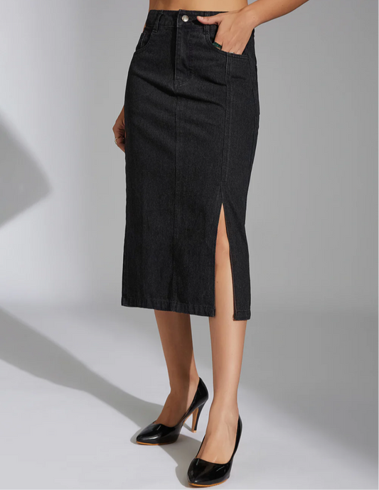 Black High Rise Midi Straight Fit Slit Denim Skirt