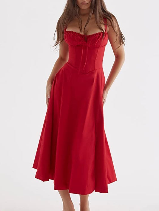 Red dress worn by a model on a white background