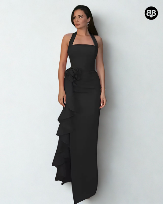 Black Floral Slit Haulter neck Long dress