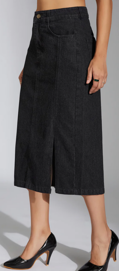 Black straight skirt worn by a person on a gray background