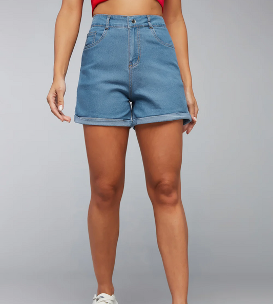 Blue Solid Relaxed Fit Denim Shorts