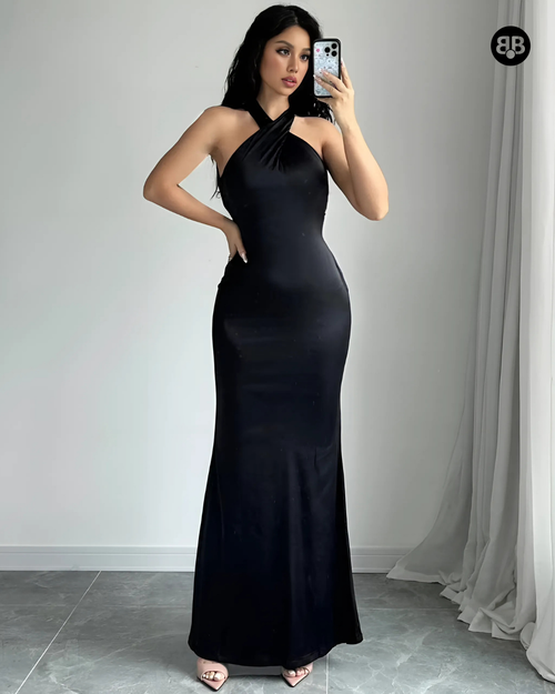 Halter Neck Backless Bodycon Long Dress Black