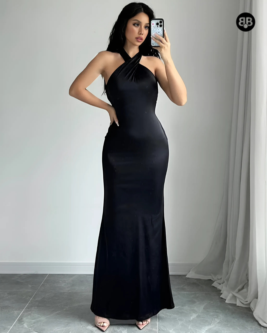 Halter Neck Backless Bodycon Long Dress Black