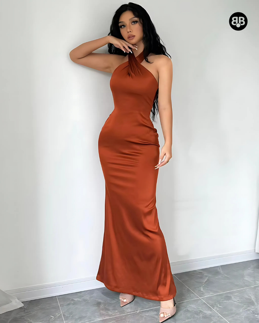 Halter Neck Backless Bodycon Long Dress Brown