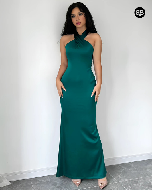 Halter Neck Backless Bodycon Long Dress Sea Green