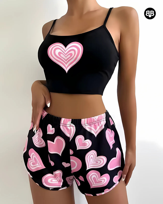 Heart Print Crop and Shorts Women Co-Ords