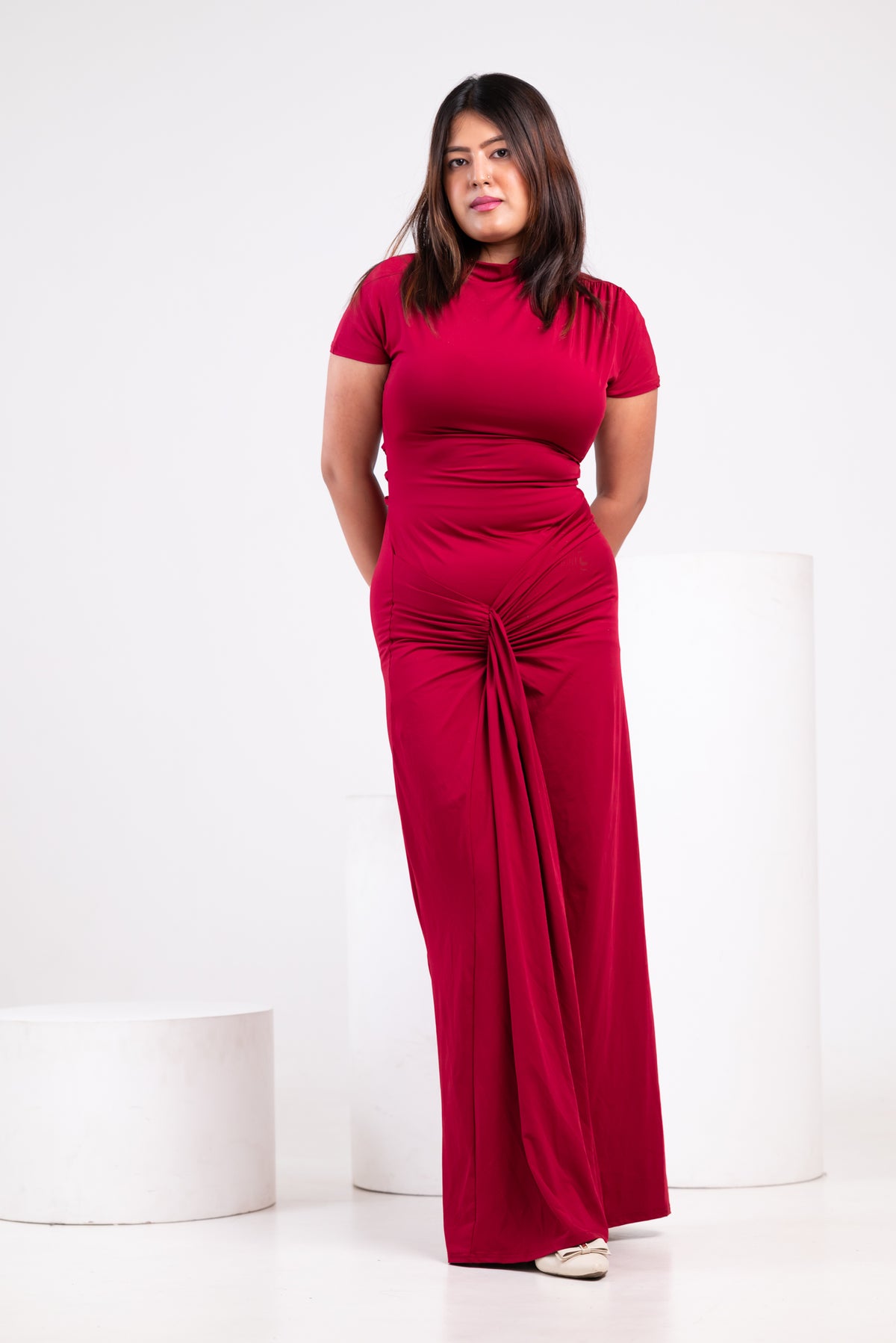 bodycon dress burgundy Knotted Cocktail – Bare Blitz Marjorie Draped Back Chiffon Hand Wash Cold Collection_SNYDER Color:Green-print