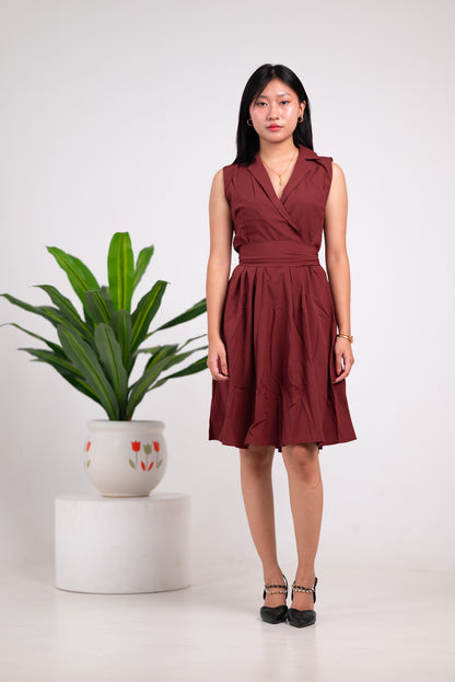 Lapel Collar Sleeveless Solid Dress Brown