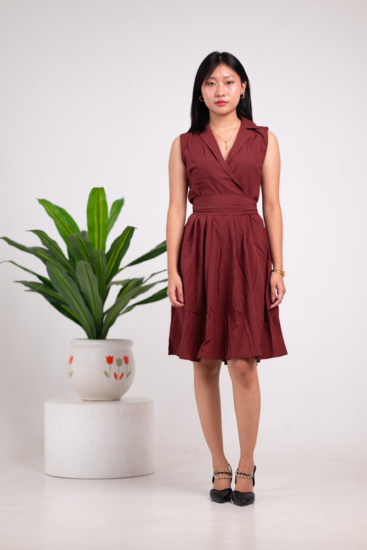Lapel Collar Sleeveless Solid Dress Brown