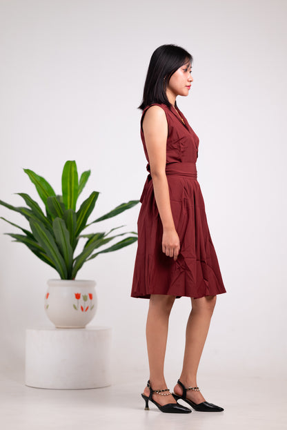 Lapel Collar Sleeveless Solid Dress Brown