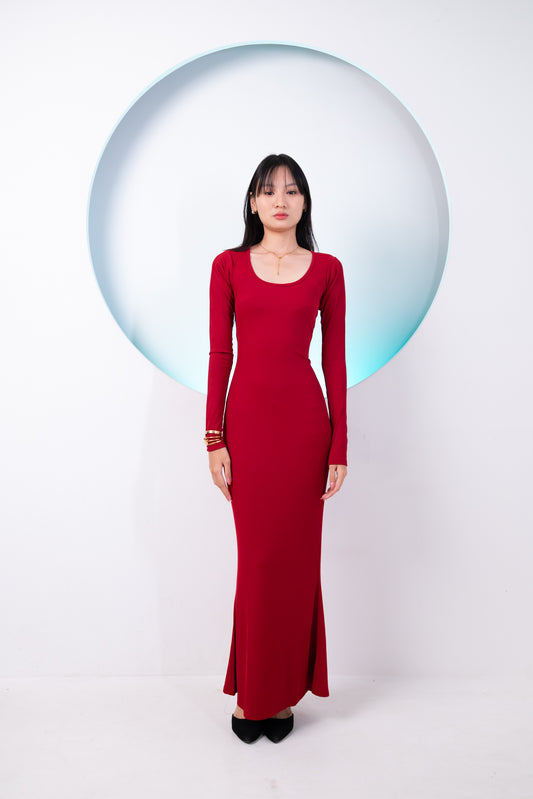 Long Women Partywear Full Sleeve Dress Red
