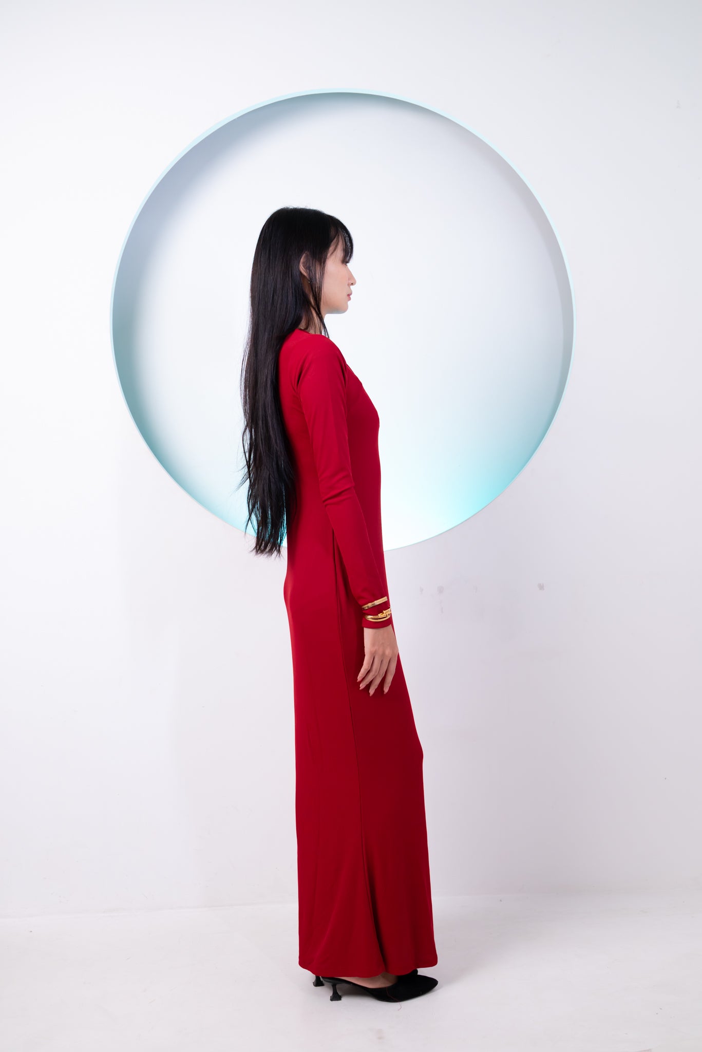 Long Women Partywear Full Sleeve Dress Red