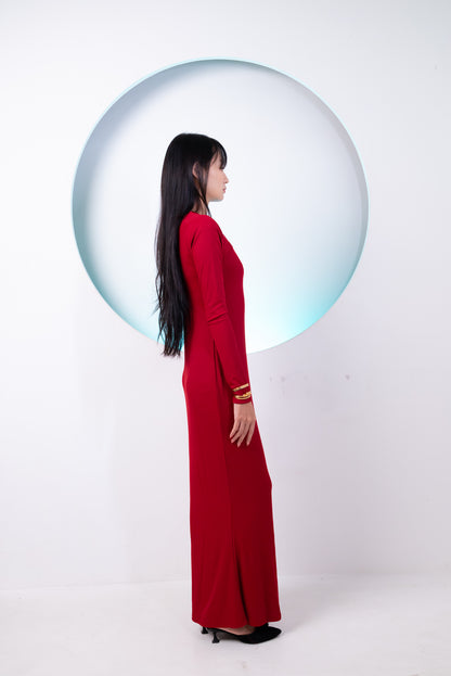Long Women Partywear Full Sleeve Dress Red